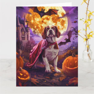 Cartão Halloween Brittany Spaniel Vampiro Abóboras Assust