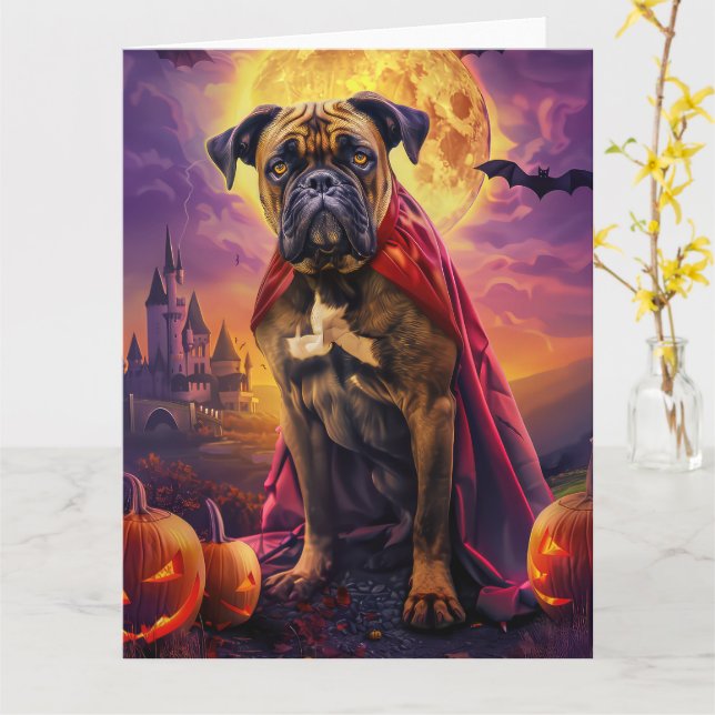 Cartão Halloween Bullmastiff Vampiro Pumpkins assustado (Flor Amarela)