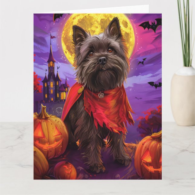 Cartão Halloween Cairn Terrier Vampire Pumpkins assustado (Frente)