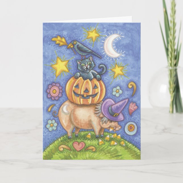 Cartão Halloween Card, Pig, Black Cat, Pumpkin, Crow (Frente)