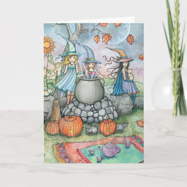 Cartão Halloween Card Witch Cat Tea Party Fun (Frente)