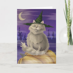 Cartão Halloween card with big smug witches cat