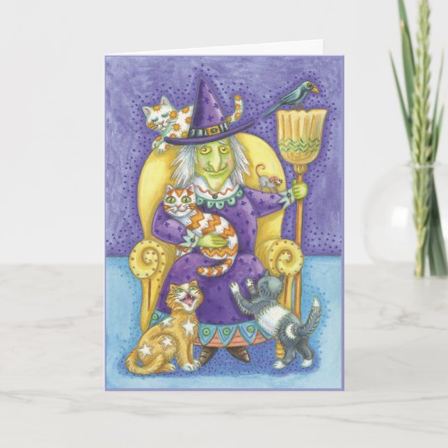 Cartão Halloween card with Witch and lots of cats (Frente)