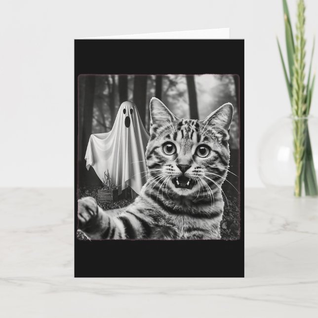 Cartão Halloween Cat Selfie With Soky Ghost  (Frente)