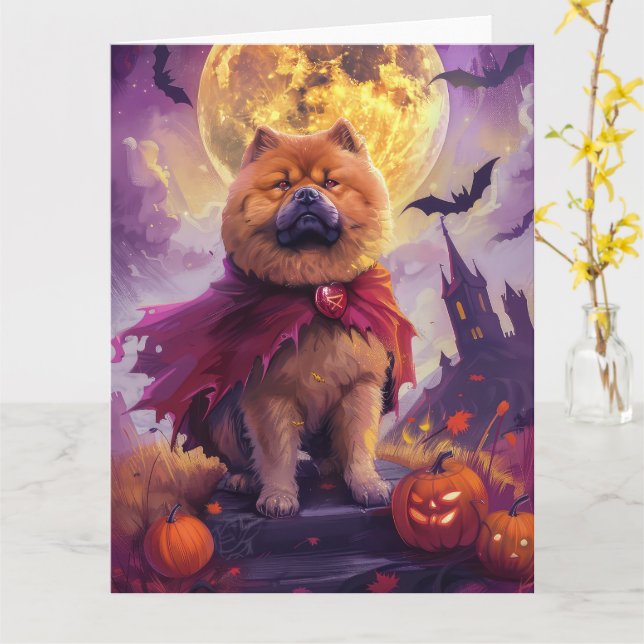 Cartão Halloween Chow Chow Vampiro Pumpkins assustado (Flor Amarela)