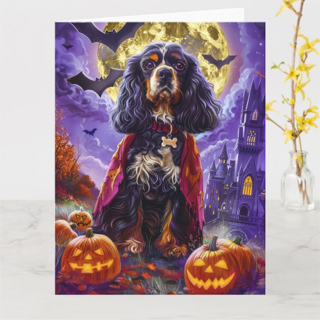 Cartão Halloween Cocker Spaniel Vampire Pumpkins assustad (Flor Amarela)