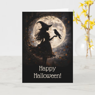 Cartão Halloween com bruxa bonita e silhueta de corvo