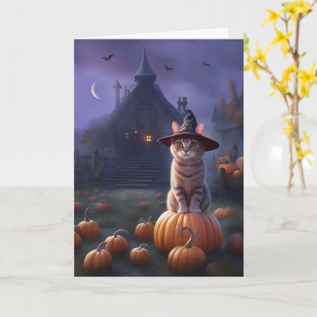 Cartão Halloween com Gato Bonito e Mansão Assustadora de  (Flor Amarela)