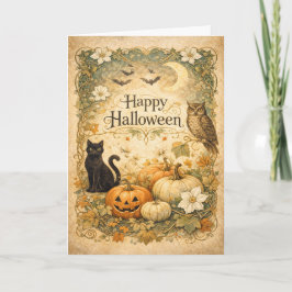 Cartão Halloween Coruja Gato Preto Art Nouveau