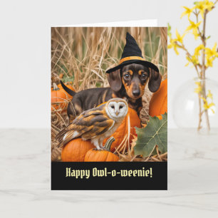 Cartão Halloween Cute e Funny Owl e Dachshund Puppy