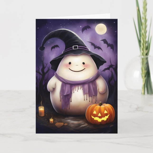 Cartão Halloween da ilustração da bruxa fantasma (Frente)