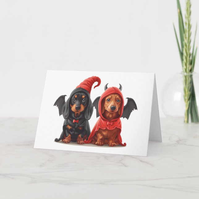 Cartão Halloween Dachshund Dogs Devil Bat (Frente)