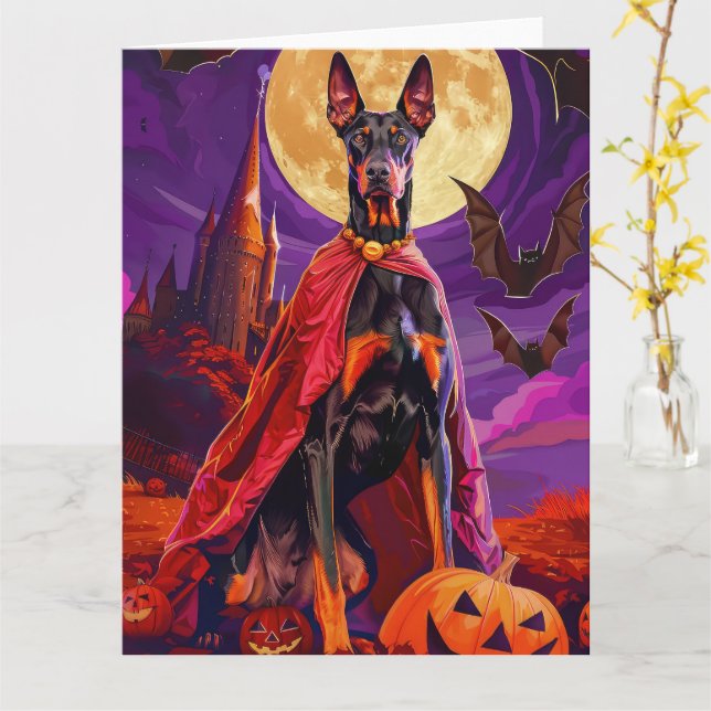 Cartão Halloween Doberman Vampire Pumpkins Scary (Flor Amarela)