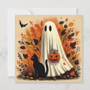 Cartão Halloween Doces ou Travessuras Fantasma e Gato Pre