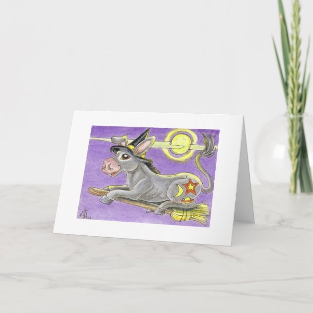 Cartão Halloween Donkey Witch and Flying Broom (Frente)