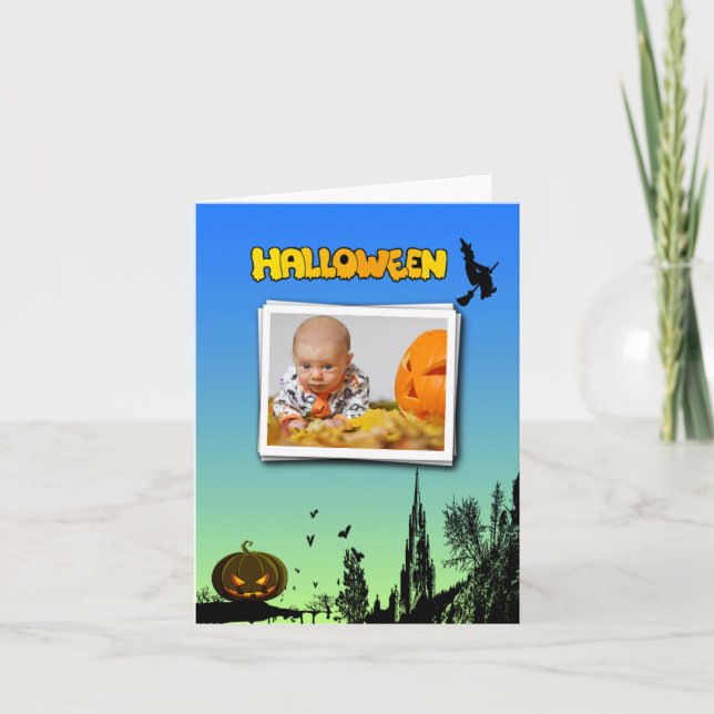 Cartão Halloween Dusk com Witch Adicionar Fotografia (Frente)