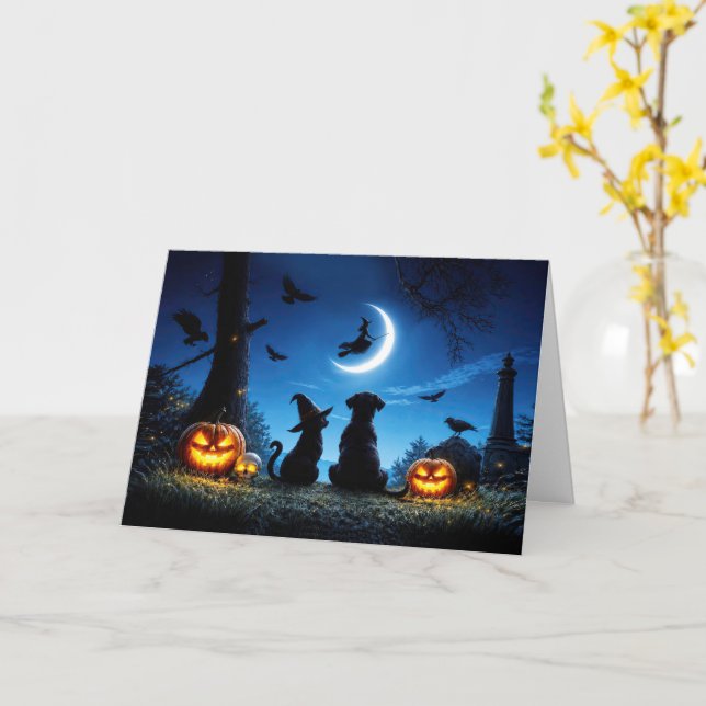 Cartão Halloween Fofo com Bruxa e Gato e Cachorro da Lua  (Flor Amarela)
