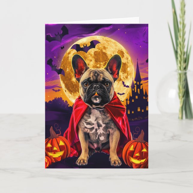 Cartão Halloween French Bulldog Vampire Pumpkins Scary (Frente)