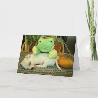 Cartão Halloween Frog, Puppy, and Pumpkin Greeting Card