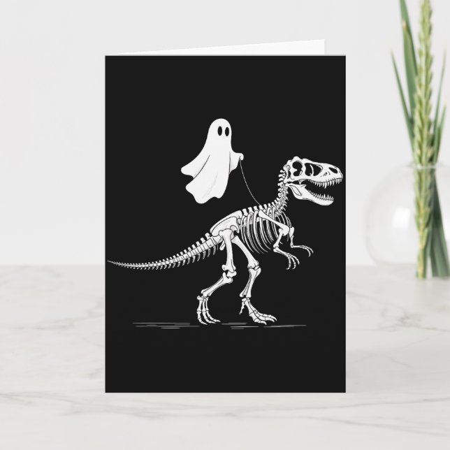 Cartão Halloween Ghost Walking Dinosaur Skeleton T Rex Fu (Frente)