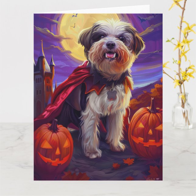 Cartão Halloween Havanese Vampiro Pumpkins assustado (Flor Amarela)