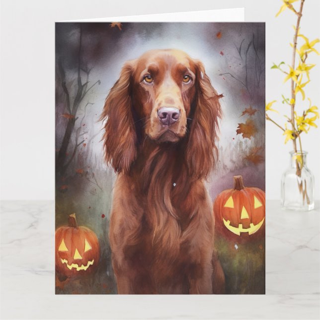 Cartão Halloween Irish Red Setter Com Abóboras Assustador (Flor Amarela)