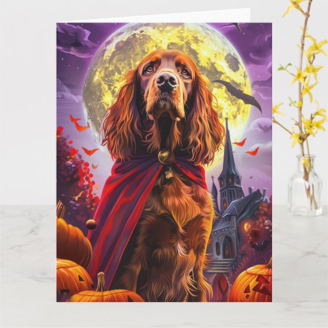 Cartão Halloween Irish Red Setter Vampire Pumpkins Scary (Flor Amarela)