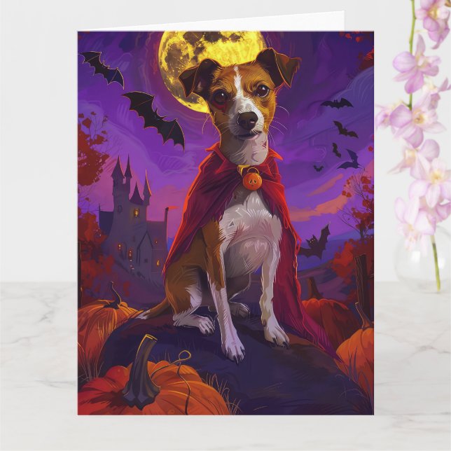 Cartão Halloween Jack Russell Vampiro Pumpkins assustado (Orquídea)