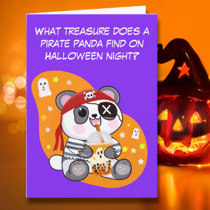 Cartão Halloween Kawaii Pirate Panda Bebendo Boba Tea