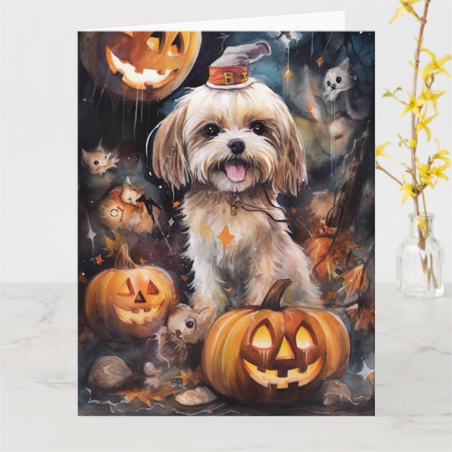 Cartão Halloween Lhasa Apso Com Pumpkins Assustado (Flor Amarela)