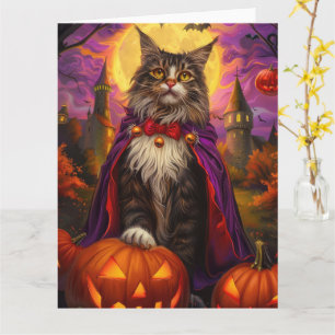 Cartão Halloween Maine Coon Cat Vampire Pumpkins assustad