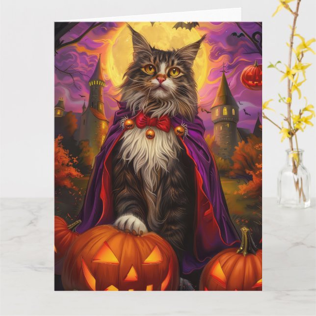 Cartão Halloween Maine Coon Cat Vampire Pumpkins assustad (Flor Amarela)