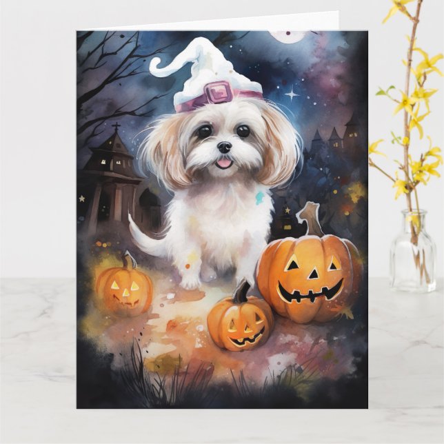 Cartão Halloween Malti Tzu Com Pumpkins Assustado (Flor Amarela)