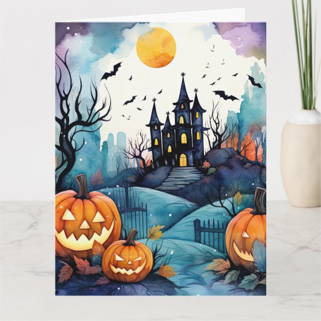 Cartão Halloween Night Jack O’Lanterns Bats Moon Ghost (Frente)