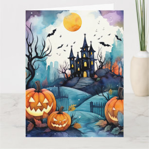Cartão Halloween Night Jack O’Lanterns Bats Moon Ghost