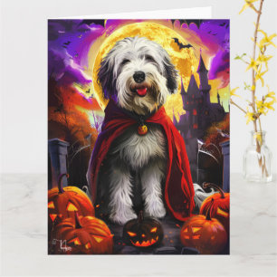 Cartão Halloween Old English Sheepdog Vampire Pumpkins