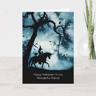 Cartão Halloween para a sobrinha com Unicórnio e bruxa