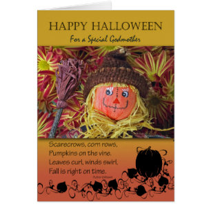 Cartão Halloween para madrinha, Espantalho de Arte Folcl