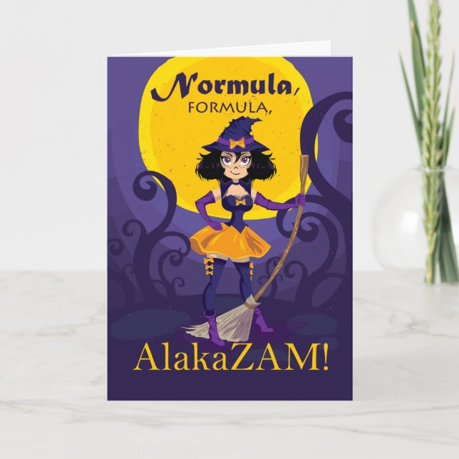 Cartão Halloween para marido, bruxa corajosa com feitiço (Frente)