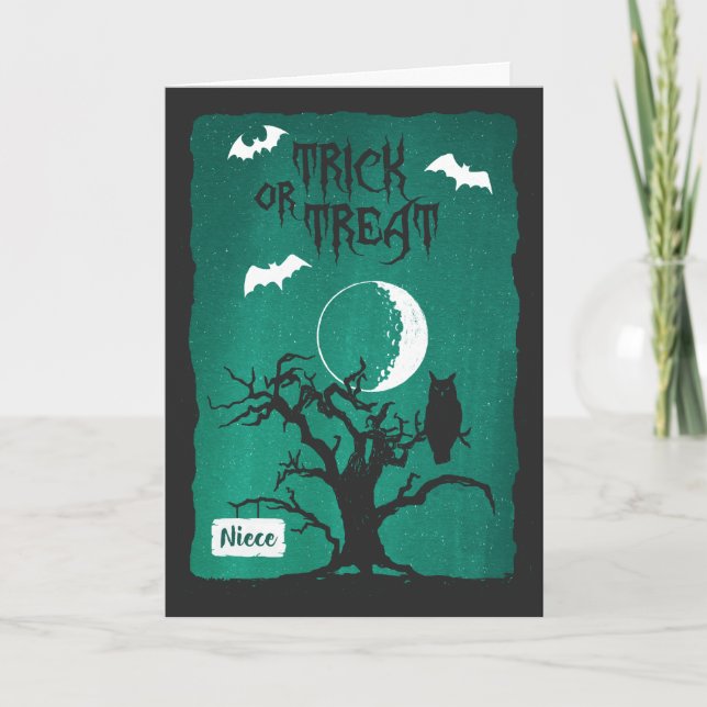Cartão Halloween para Sobrinha, Coruja Árvore Torta Lua & (Frente)