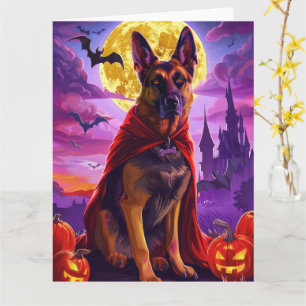 Cartão Halloween Pastor Alemão Vampiro Abóboras Assustado