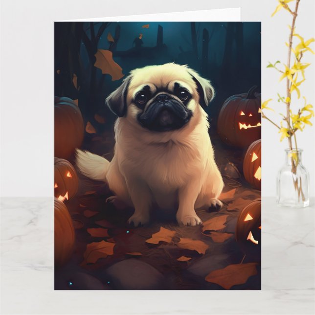 Cartão Halloween Pekingese Com Pumpkins Assustado (Flor Amarela)