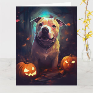 Cartão Halloween Pitbull Com Pumpkins Assustado