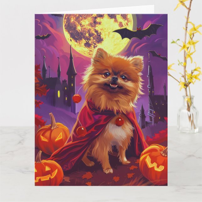 Cartão Halloween Pomeranian Vampiro Pumpkins assustado (Flor Amarela)