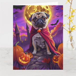 Cartão Halloween Pug Vampiro Pumpkins assustado