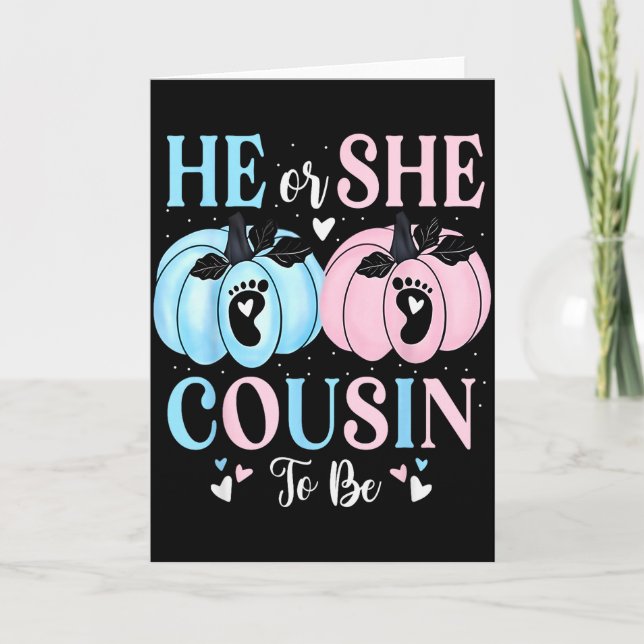 Cartão Halloween Pumpkin Gender Reveal He Or She Cousin T (Frente)