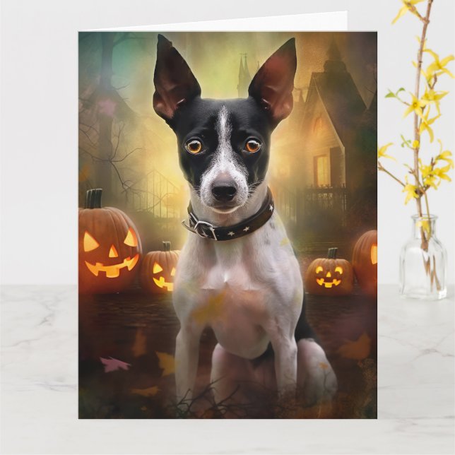Cartão Halloween Rat Terrier Com Pumpkins Assustado (Flor Amarela)