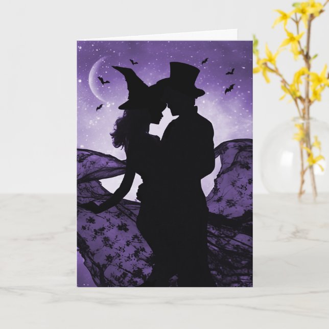 Cartão Halloween Romance Love Silhouetet Casal and Bats (Flor Amarela)