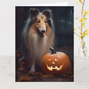 Cartão Halloween Rough Collie Com Pumpkins Assustado