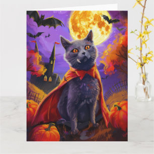 Cartão Halloween Russo Blue Cat Vampiro Pumpkins assustad